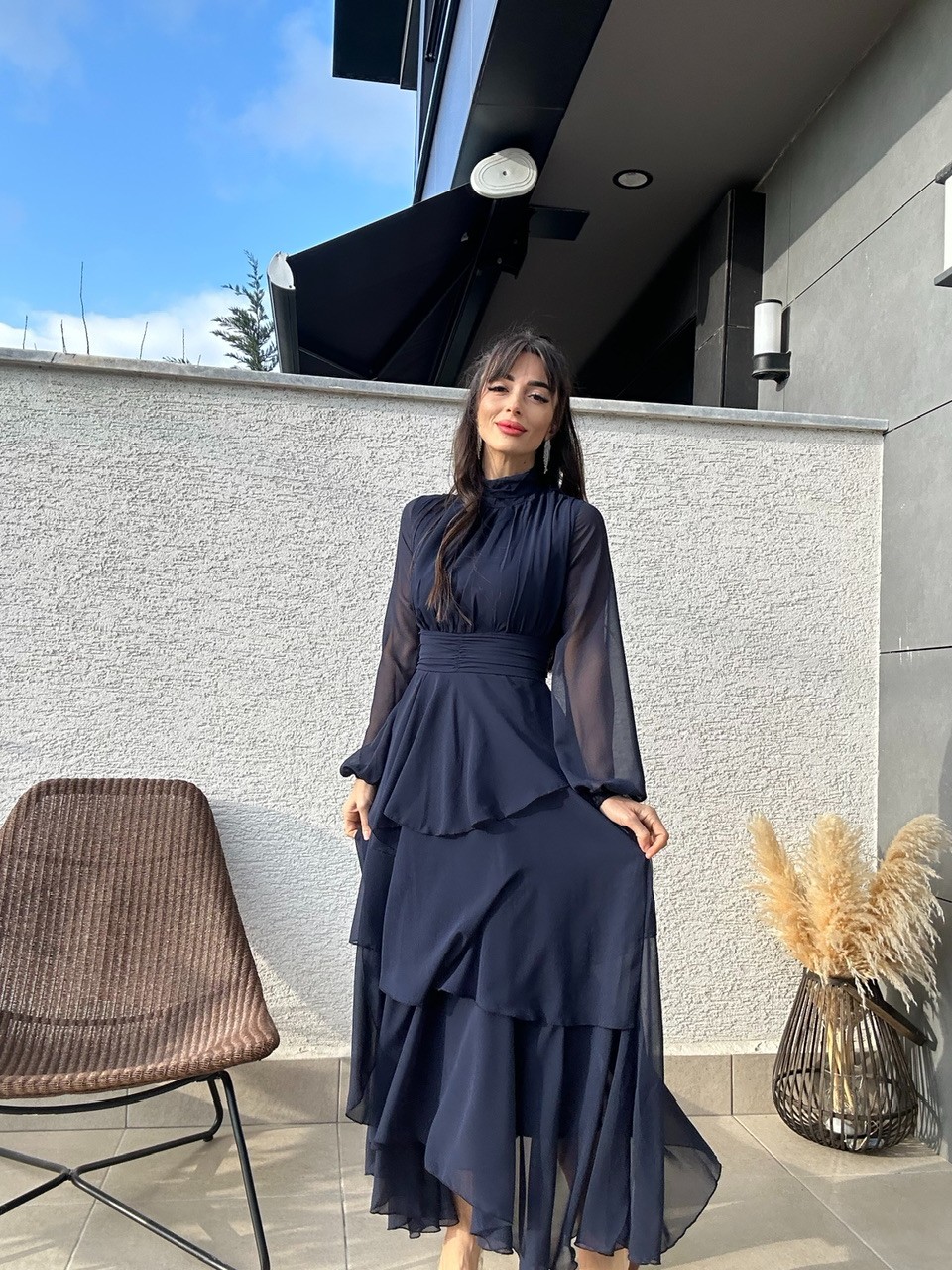 Şifon Kat Kat Elbise Lacivert