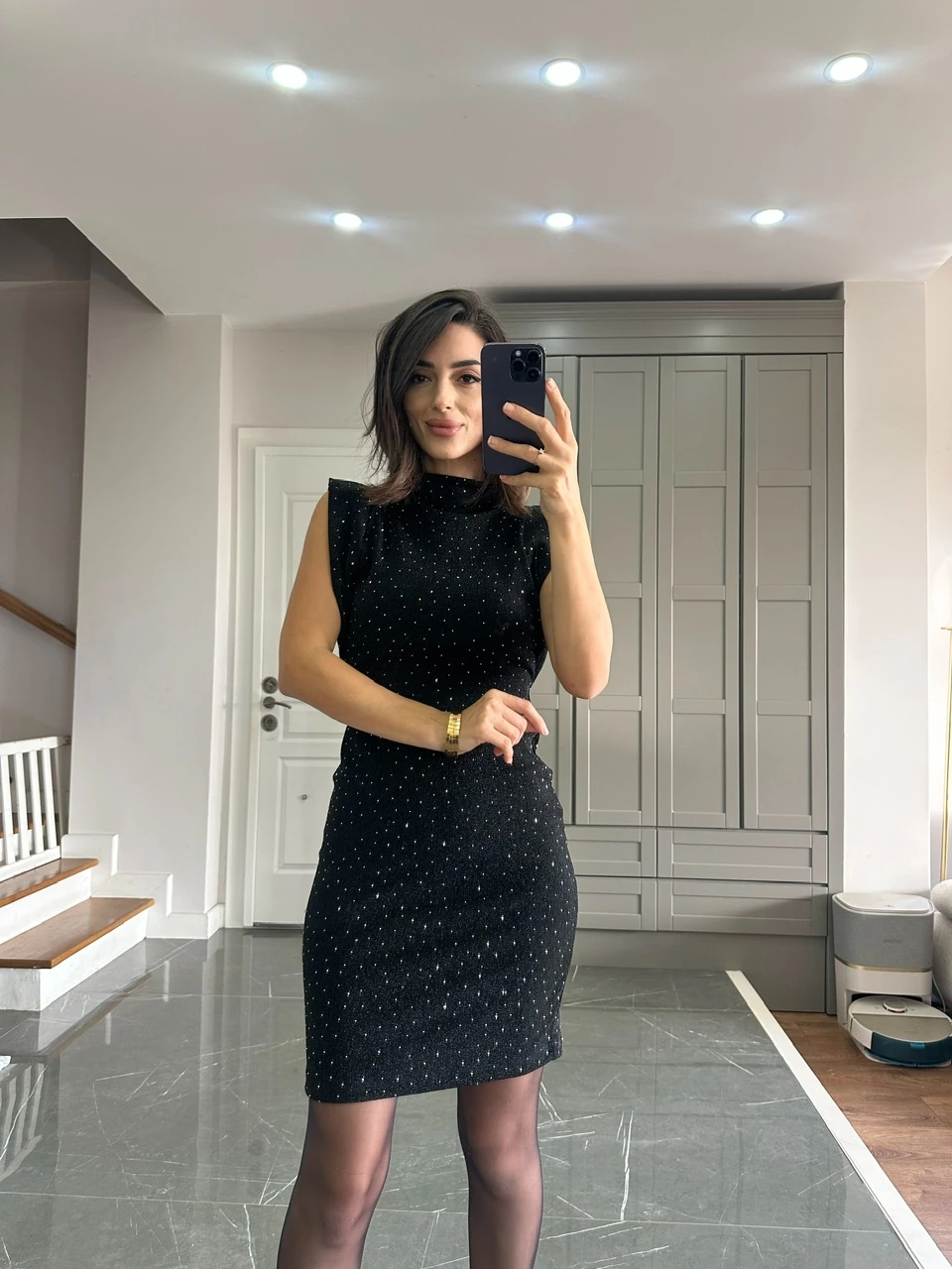 Taşlı Sandy Kumaş Elbise