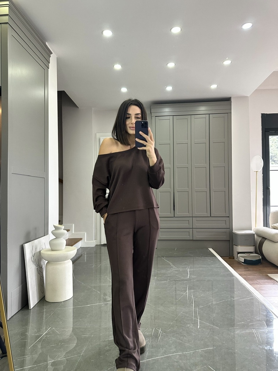 Düşük Omuz Modal Kumaş Takım - Kahve