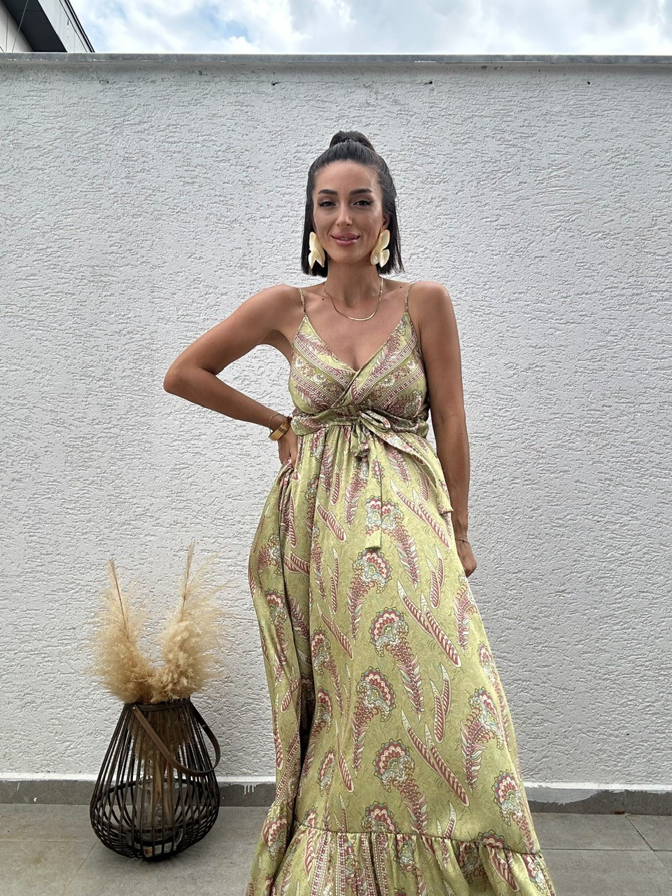 Maxi Boy Saten Elbise  - Olive