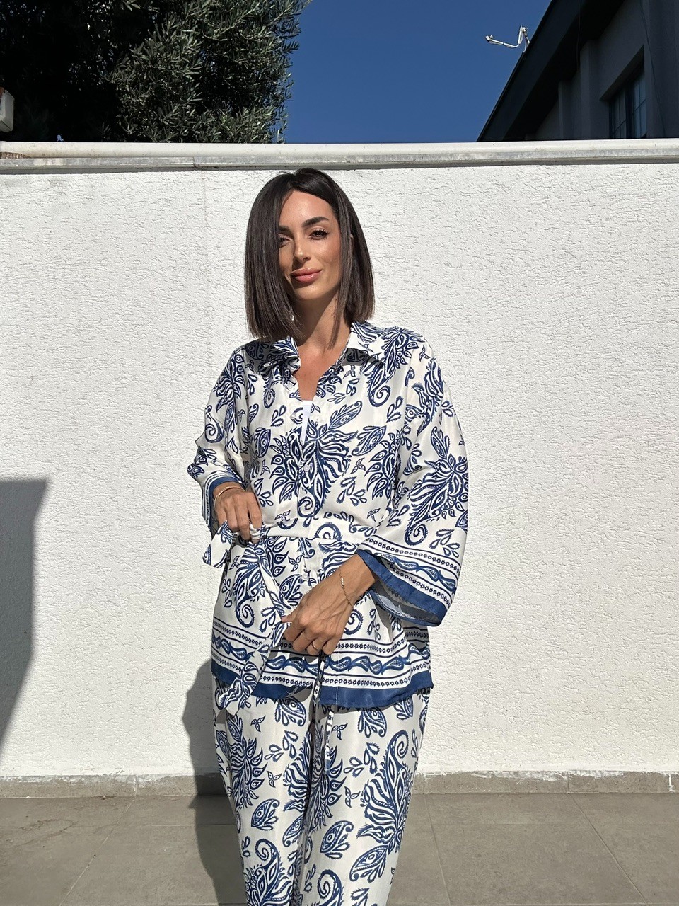 Zara Muadil Saten Takım - Lacivert/Ekru