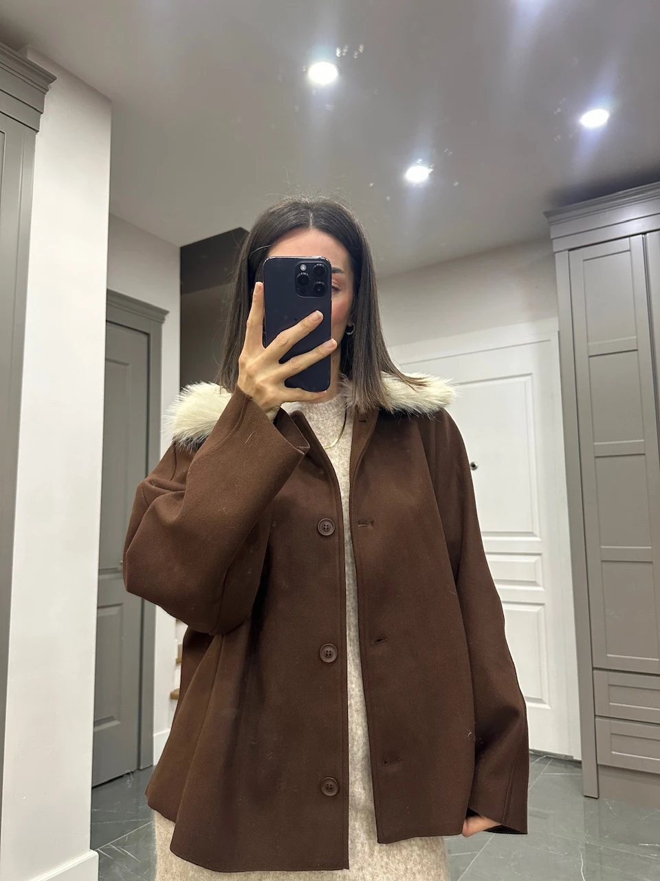 Zr Model Yakası Kürklü Ceket  - Kahve