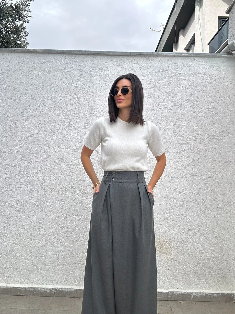 Önden Pileli Palazzo Pantolon - Gri