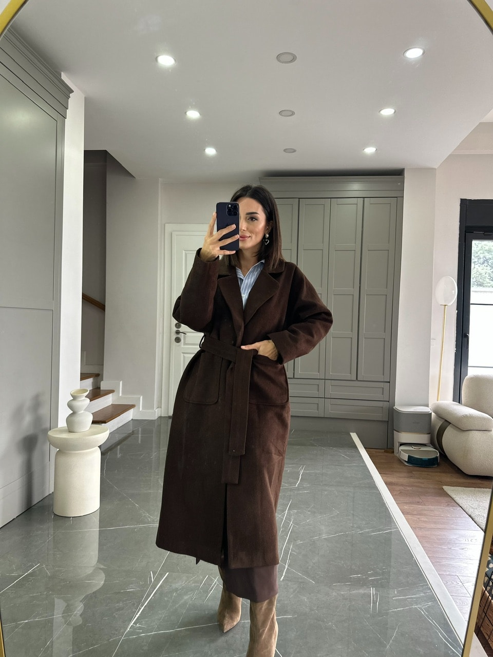 Kuşaklı Astarlı Kaşe Kaban