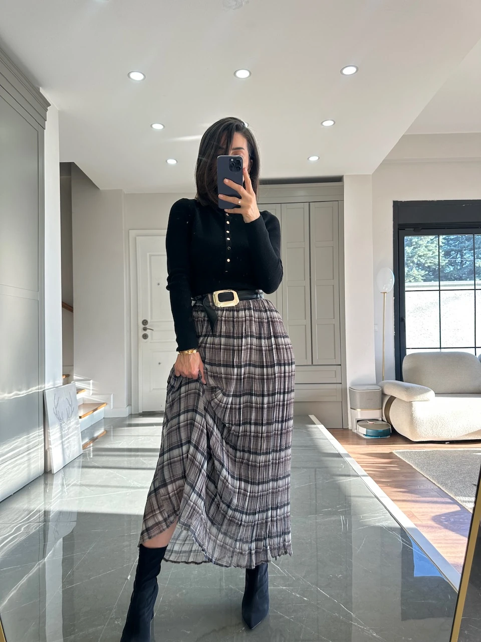 Ekose Desen Kraşlı  Etek 