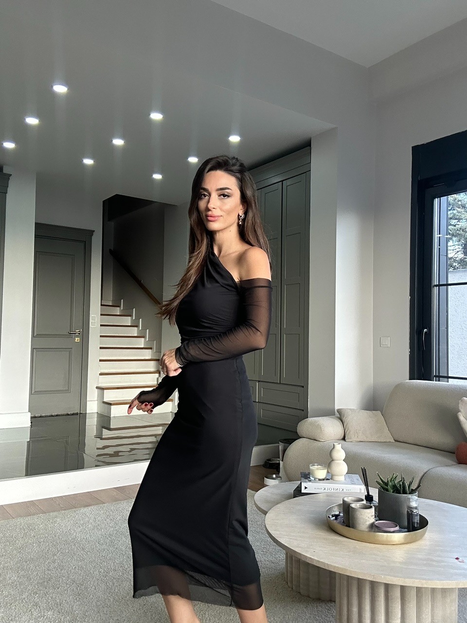 Tek Omuz Şifon Elbise 