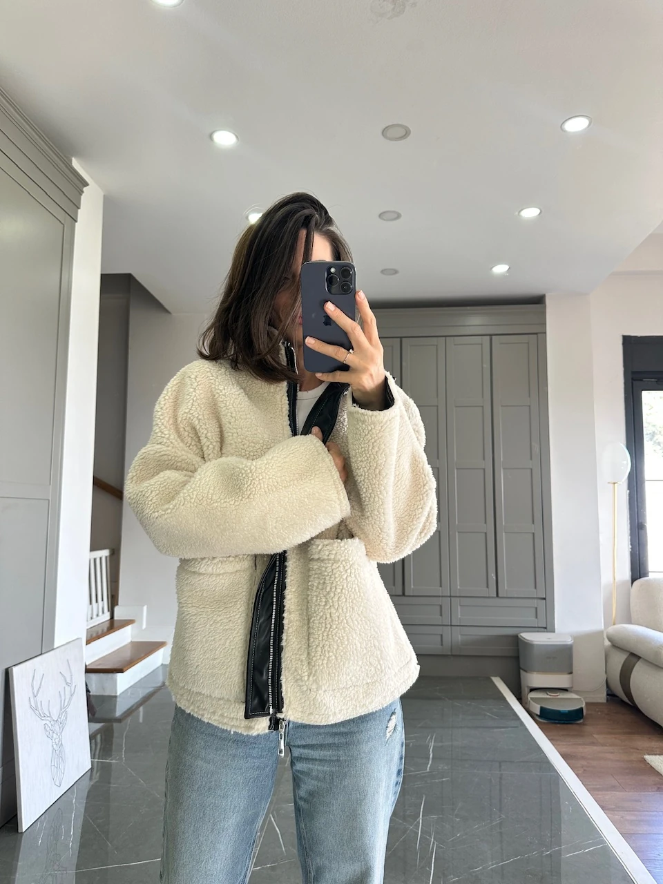 İçi Deri Peluş Ceket - Krem