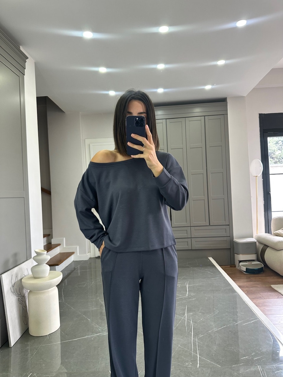 Düşük Omuz Modal Kumaş Takım - FÜME