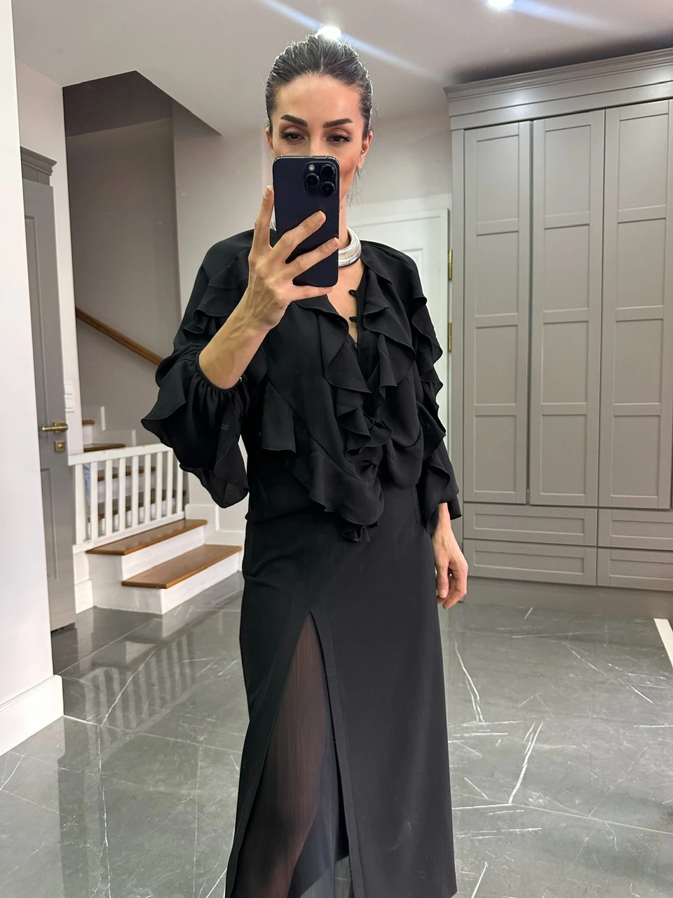 Tül Detaylı Yırtmaçlı Etek 