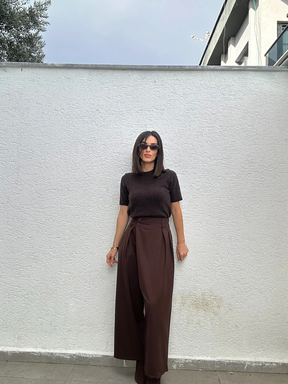 Önden Pileli Palazzo Pantolon - Kahve