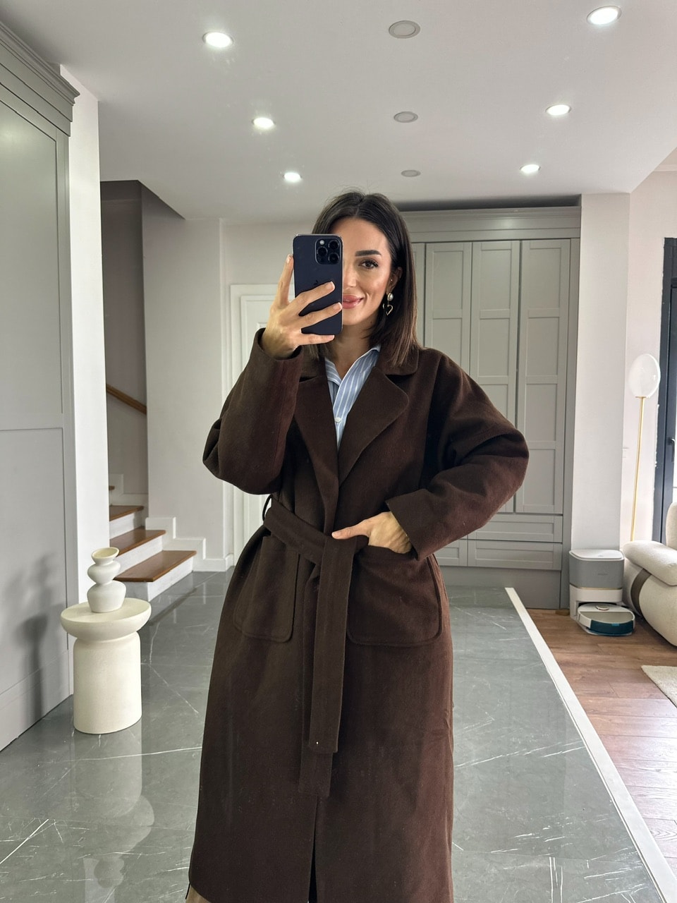 Kuşaklı Astarlı Kaşe Kaban - Kahve