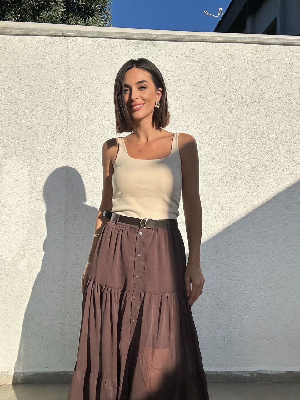Önden Düğmeli Tül Etek - Kahve