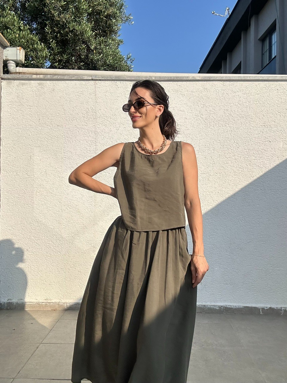 Sıfır Kol Etekli Takım - Haki