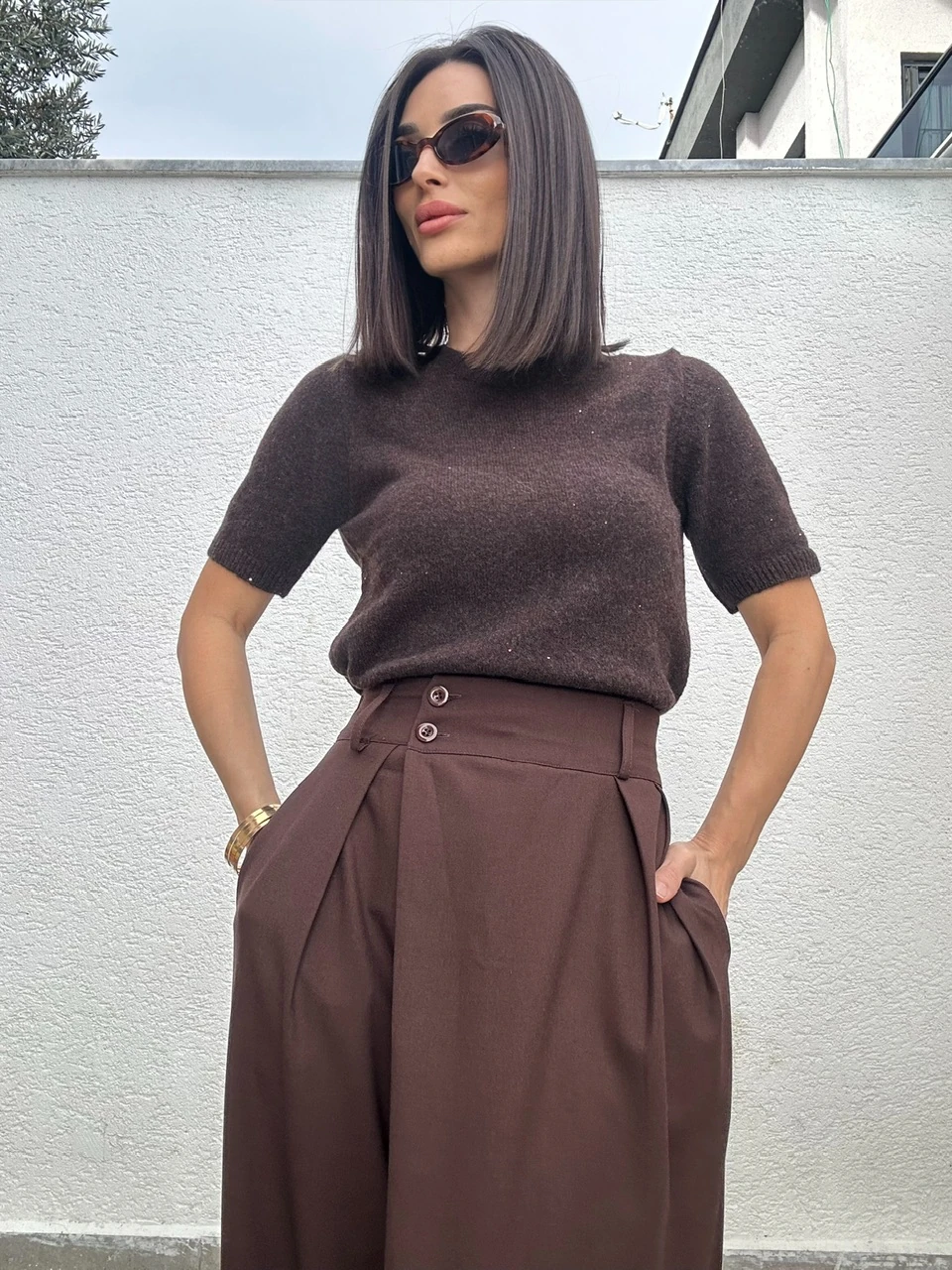 Mini Pullu Yumoş Kısa Kol Triko - Kahve