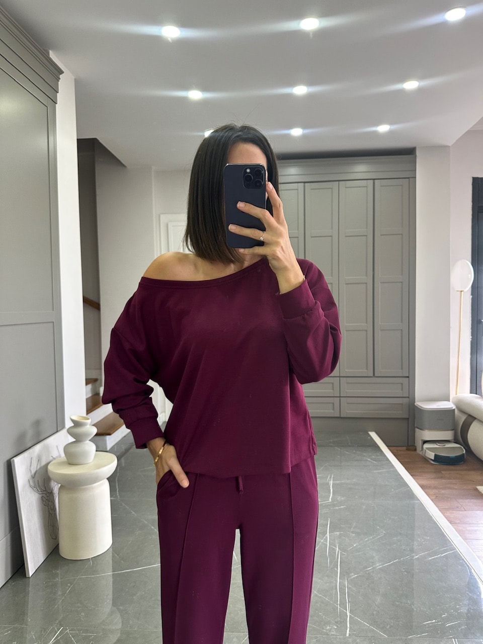 Düşük Omuz Modal Kumaş Takım - Bordo