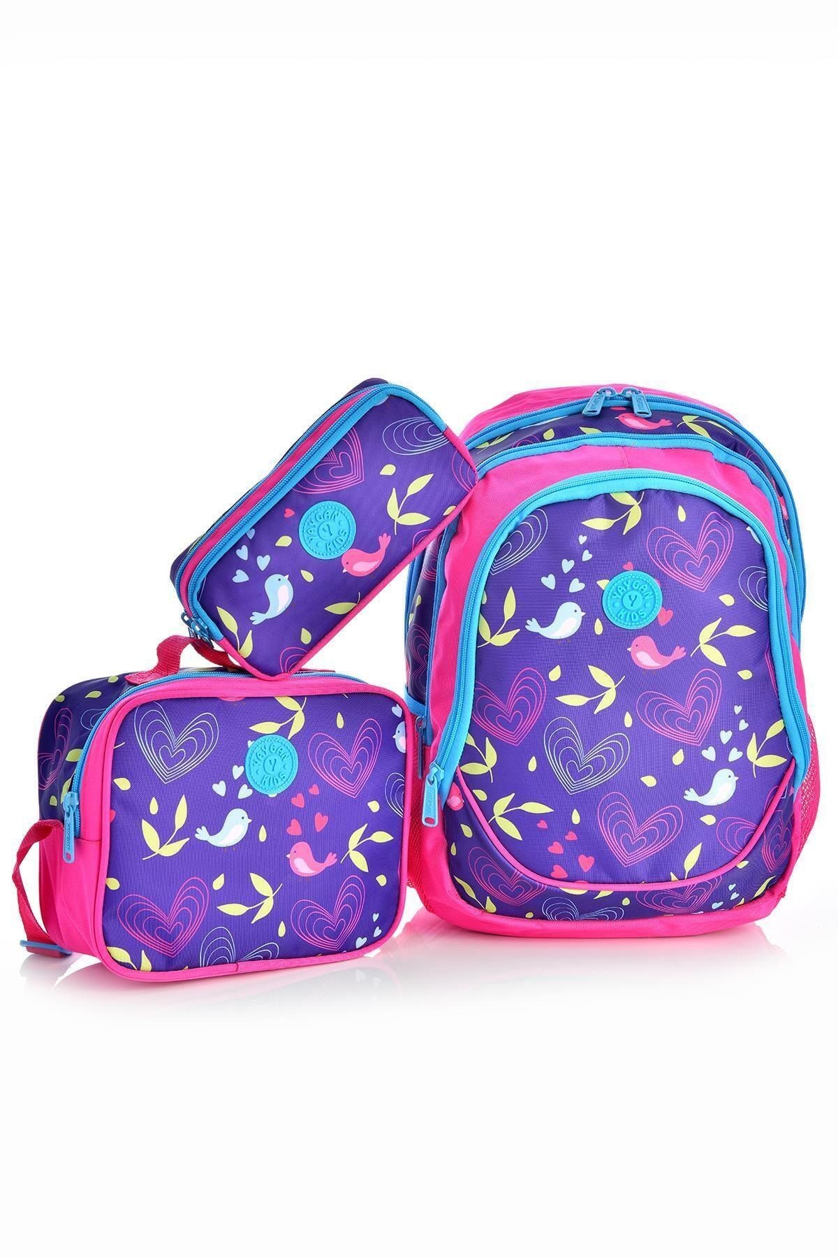 Kids 14368 Kalp Ve Kuş Desenli Okul Sırt Çantası 3'lü Set