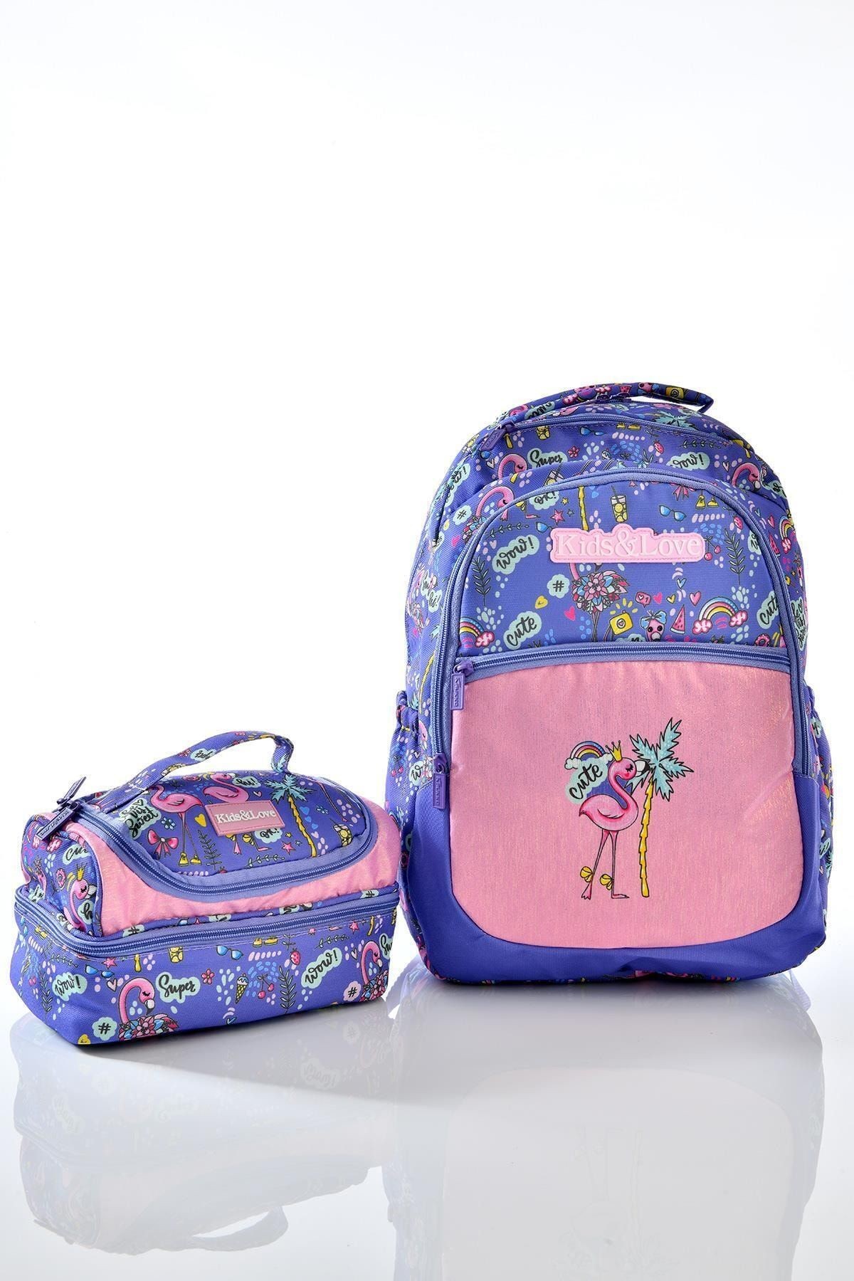 Kıds Love Flamingo Simli Okul Sırt Çantası L5019 Beslenme Çantalı Set