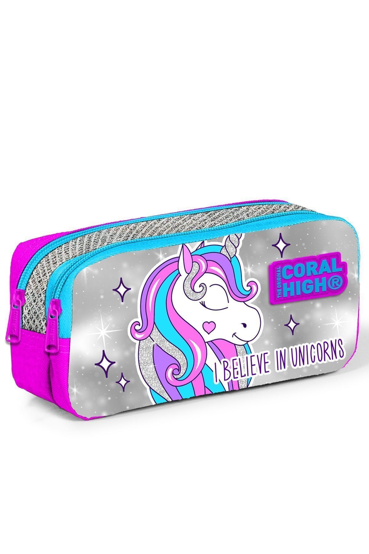 Kids Pembe Gümüş Simli Unicorn Desenli İki Bölmeli Kalem Çantası 22291