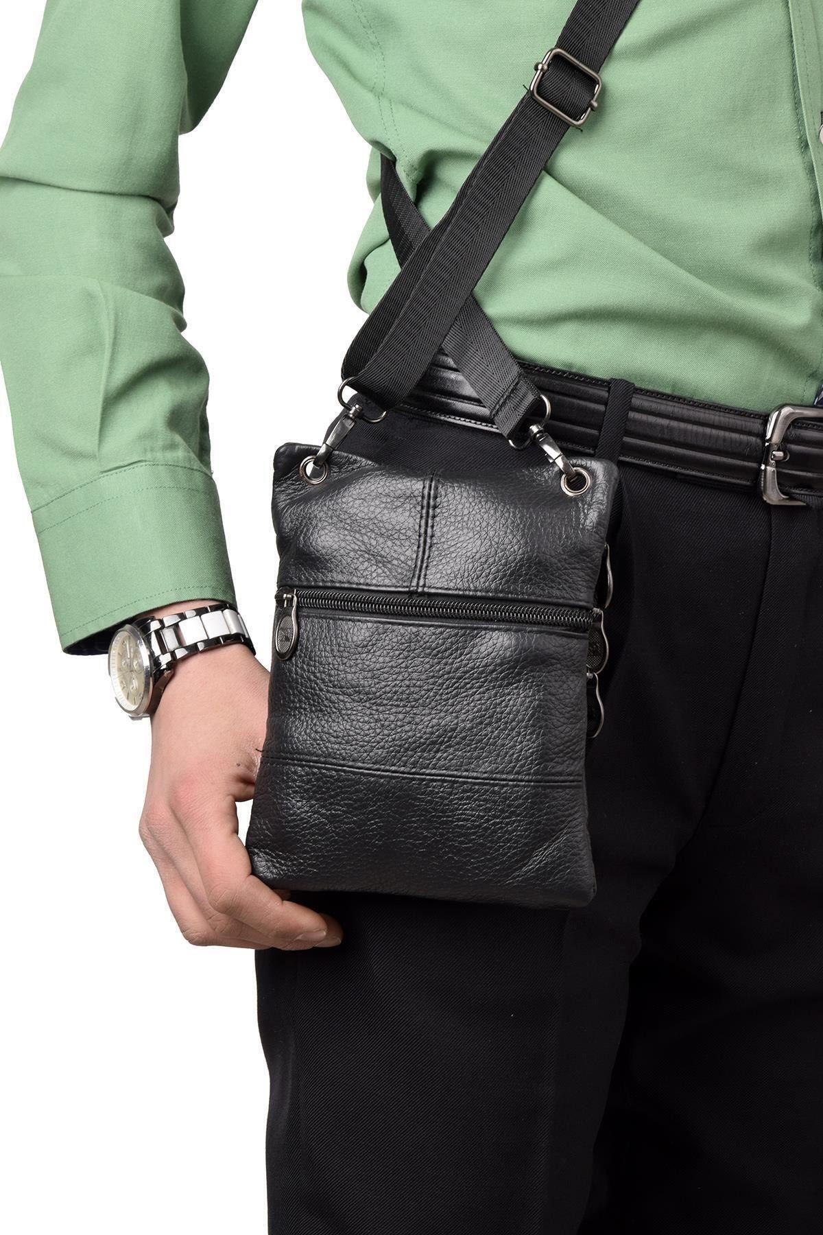 946 Hakiki Deri Uzun Askılı Unisex Pasaport Çantası Siyah