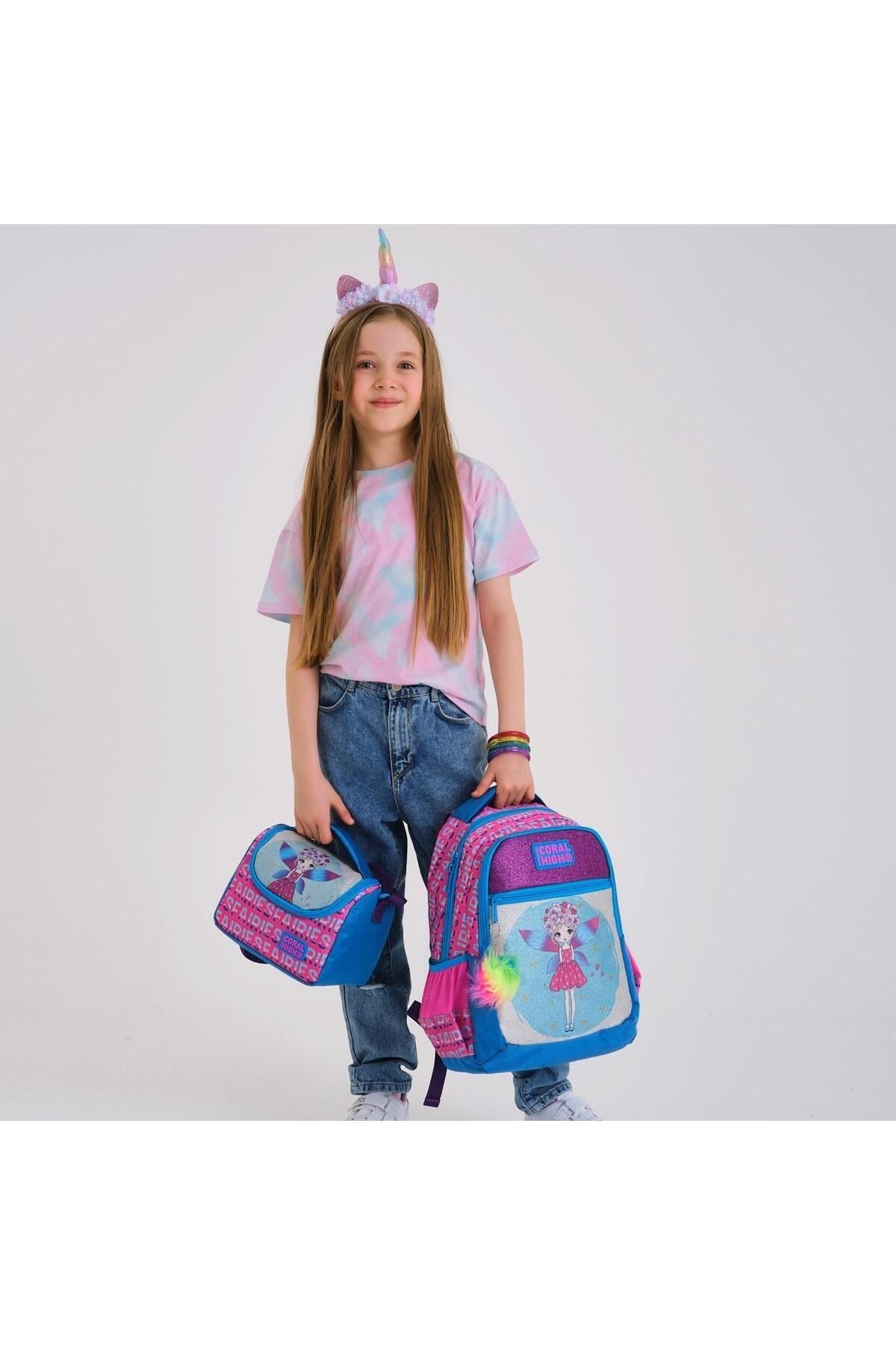 Kids 23484 Pembe Mavi Peri Desenli 3’lü Okul Çanta Seti