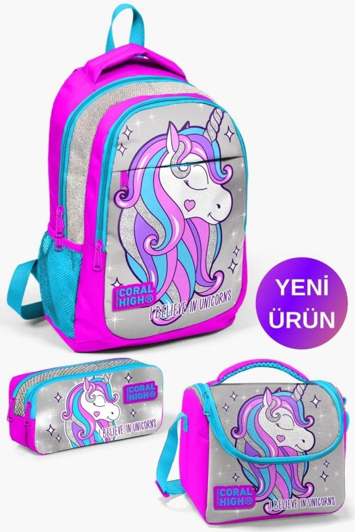 Kids Pembe Gümüş Simli Unicorn Desenli 3’lü Okul Çanta Seti GOSET0114383