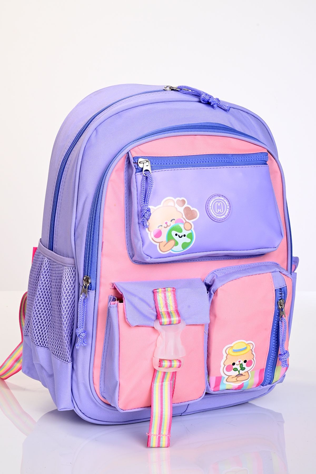 Mu-5917 Kawaii Bear Mor Pembe Çizgili Okul Çanta Seti 3'lü – Sırt Çantası, Beslenme Çantası v