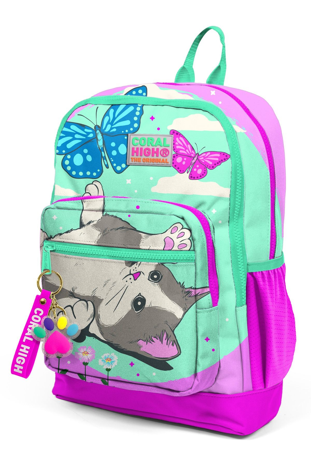 Kids Su Yeşili Pembe Kedi Desenli Dört Bölmeli Okul Sırt Çantası 23707