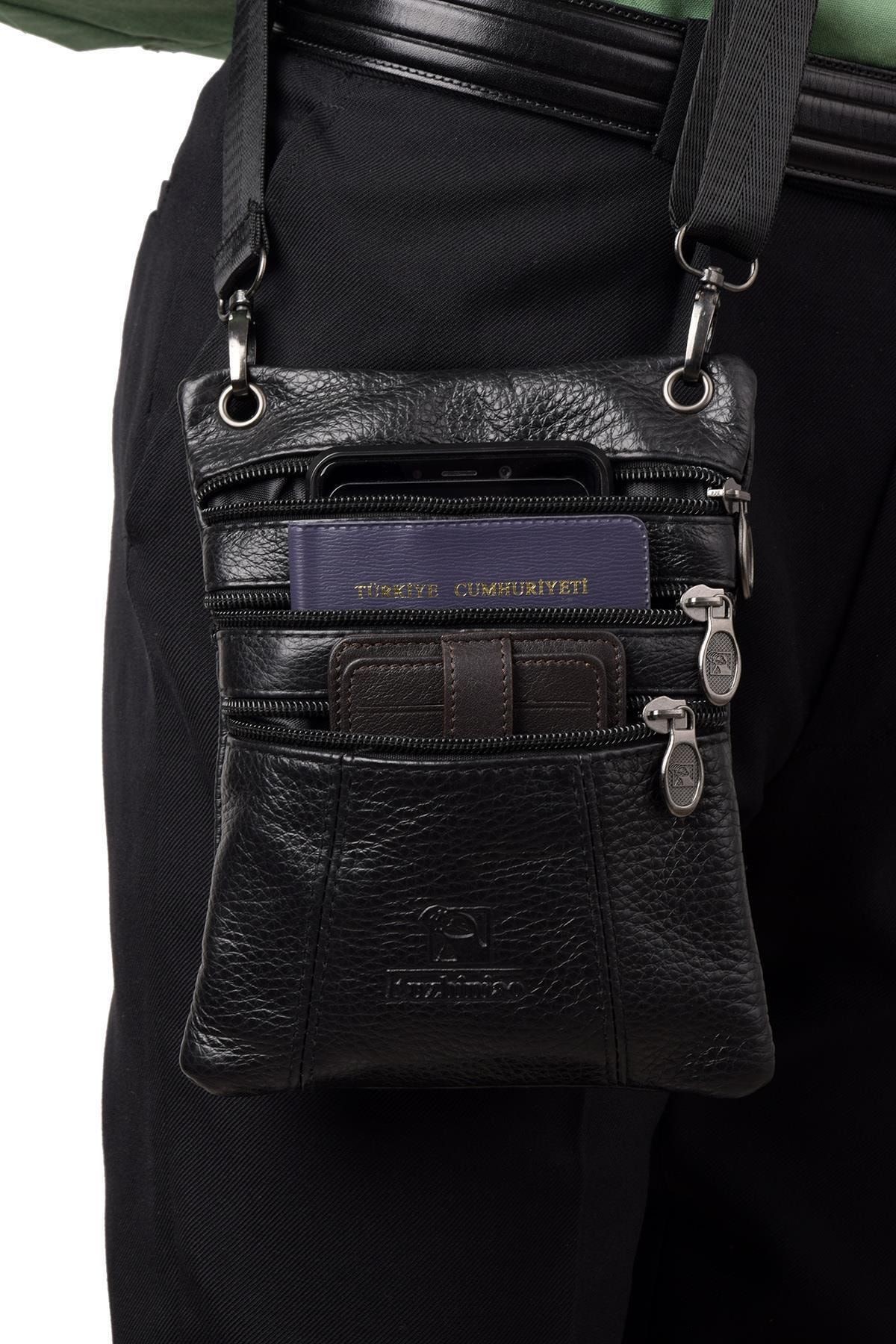 946 Hakiki Deri Uzun Askılı Unisex Pasaport Çantası Siyah