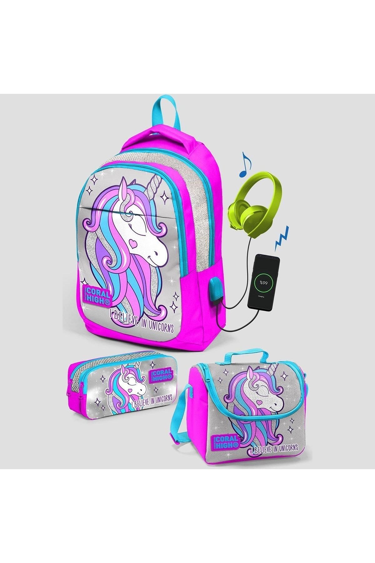Kids Pembe Gümüş Simli Unicorn Desenli Üç Bölmeli Usb Şarjlı Kulaklık Çıkışlı Okul Sırt Ç