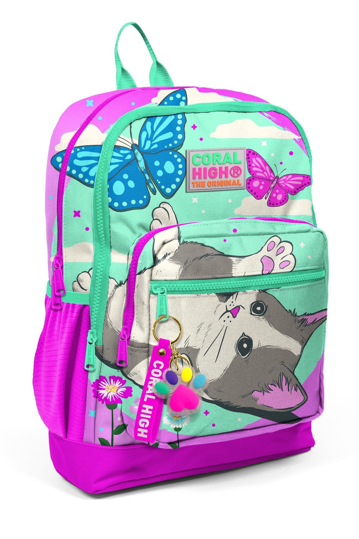 Kids Su Yeşili Pembe Kedi Desenli Dört Bölmeli Okul Sırt Çantası 23707