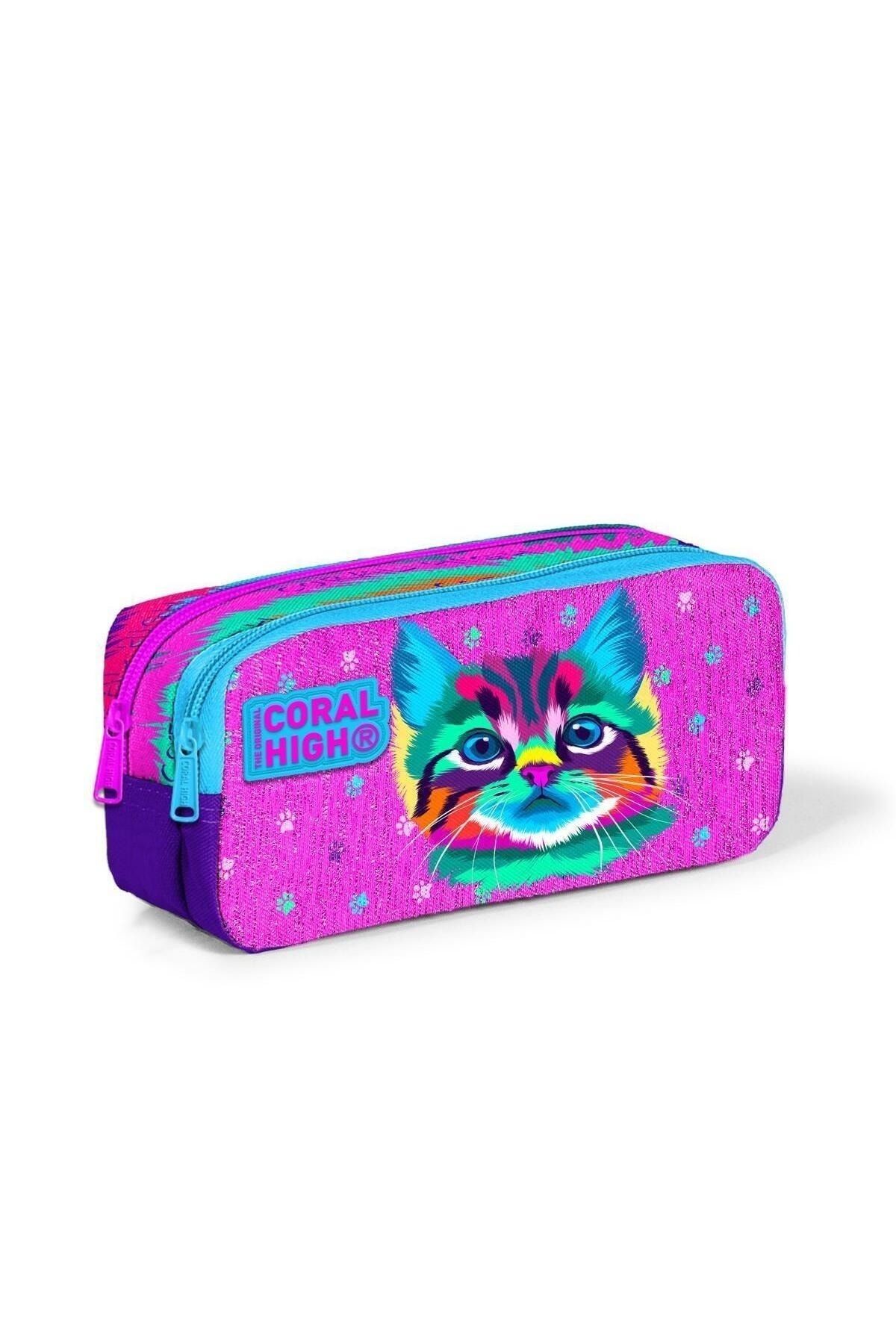 Mor Pembe Kedi Desenli İki Bölmeli Kalem Çantası 12050