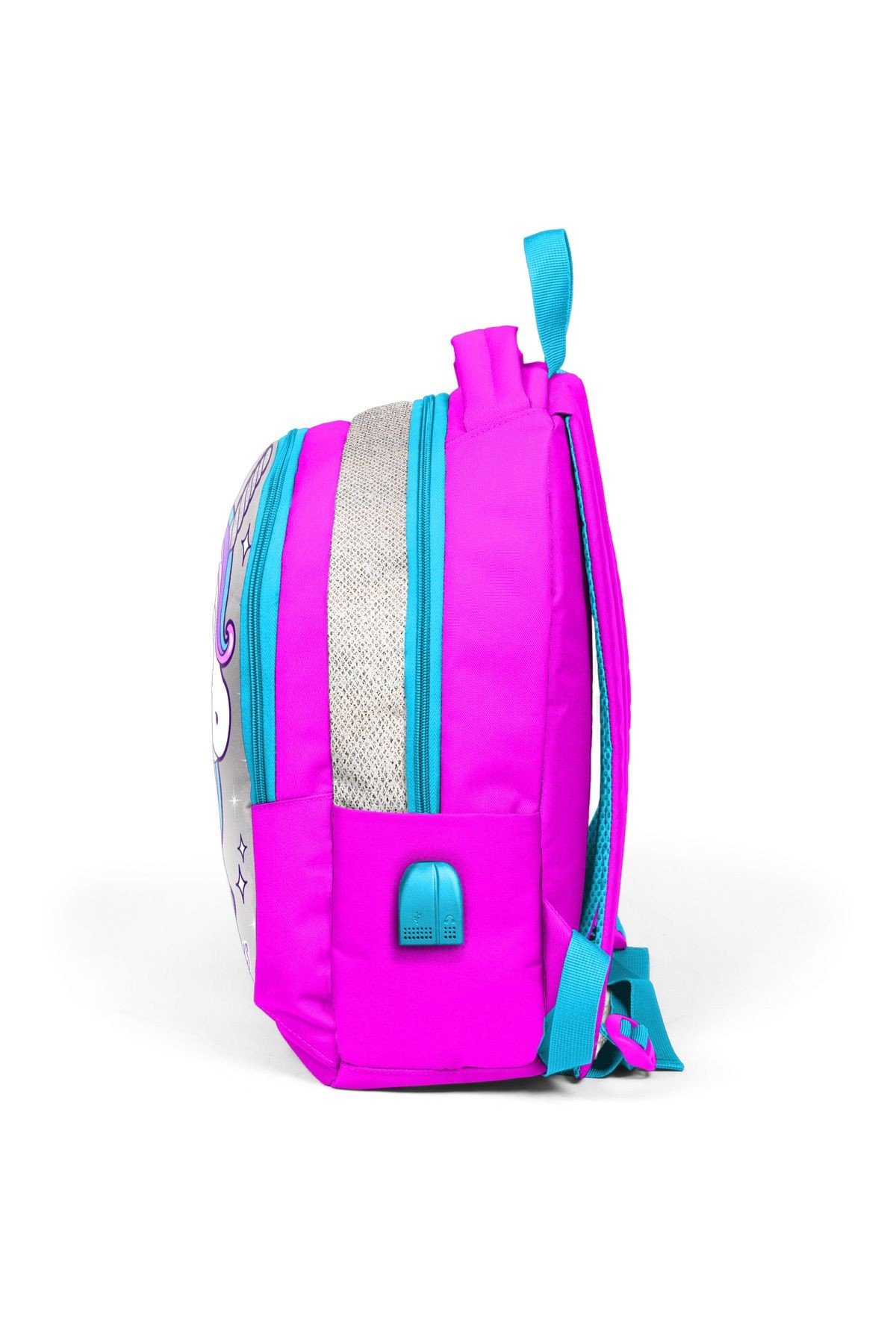 Kids Pembe Gümüş Simli Unicornlu Üç Bölmeli Usb'li Çıkışlı Okul Sırt Çantası 23412