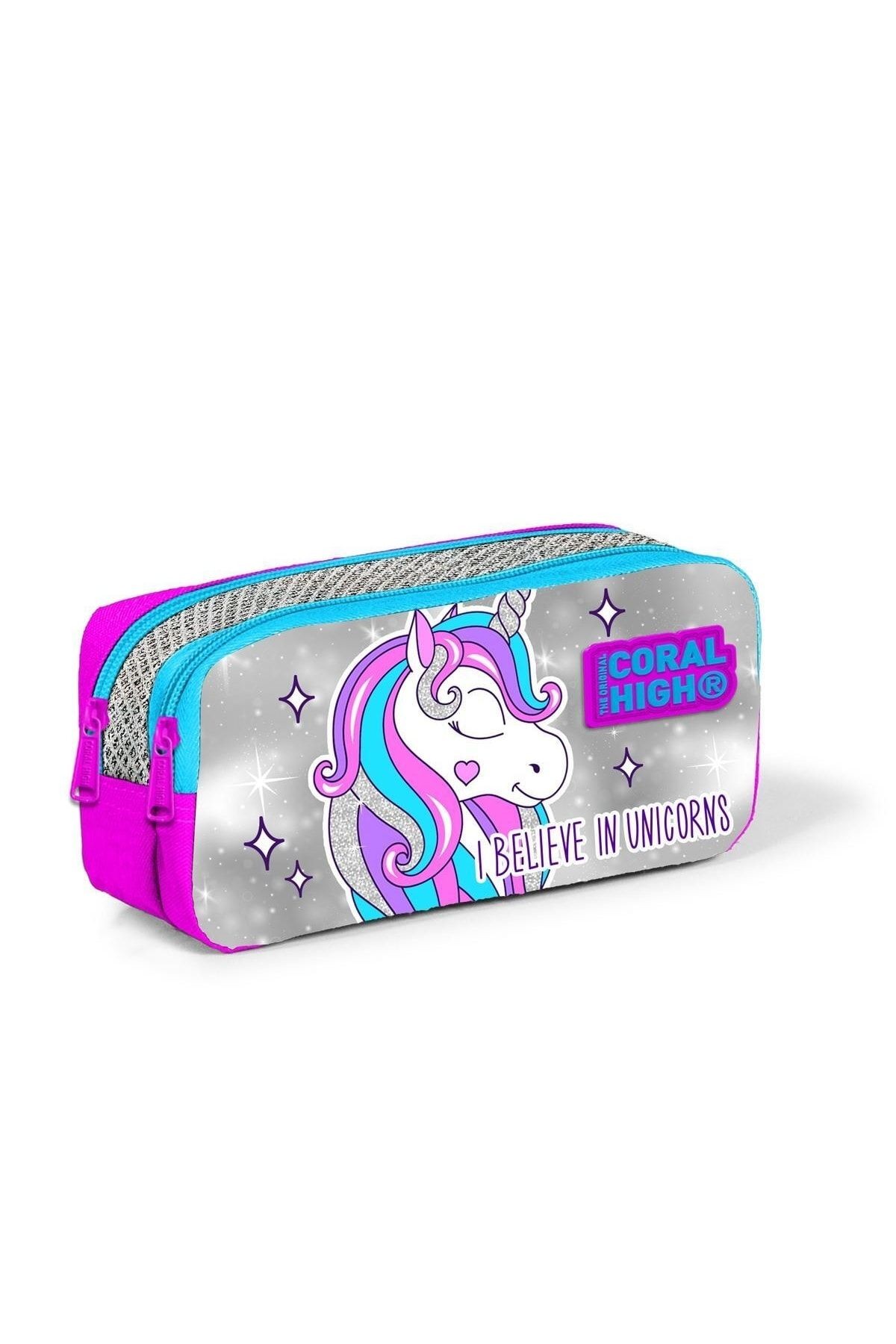 Kids Pembe Gümüş Simli Unicorn Desenli Üç Bölmeli Usb Şarjlı Kulaklık Çıkışlı Okul Sırt Ç