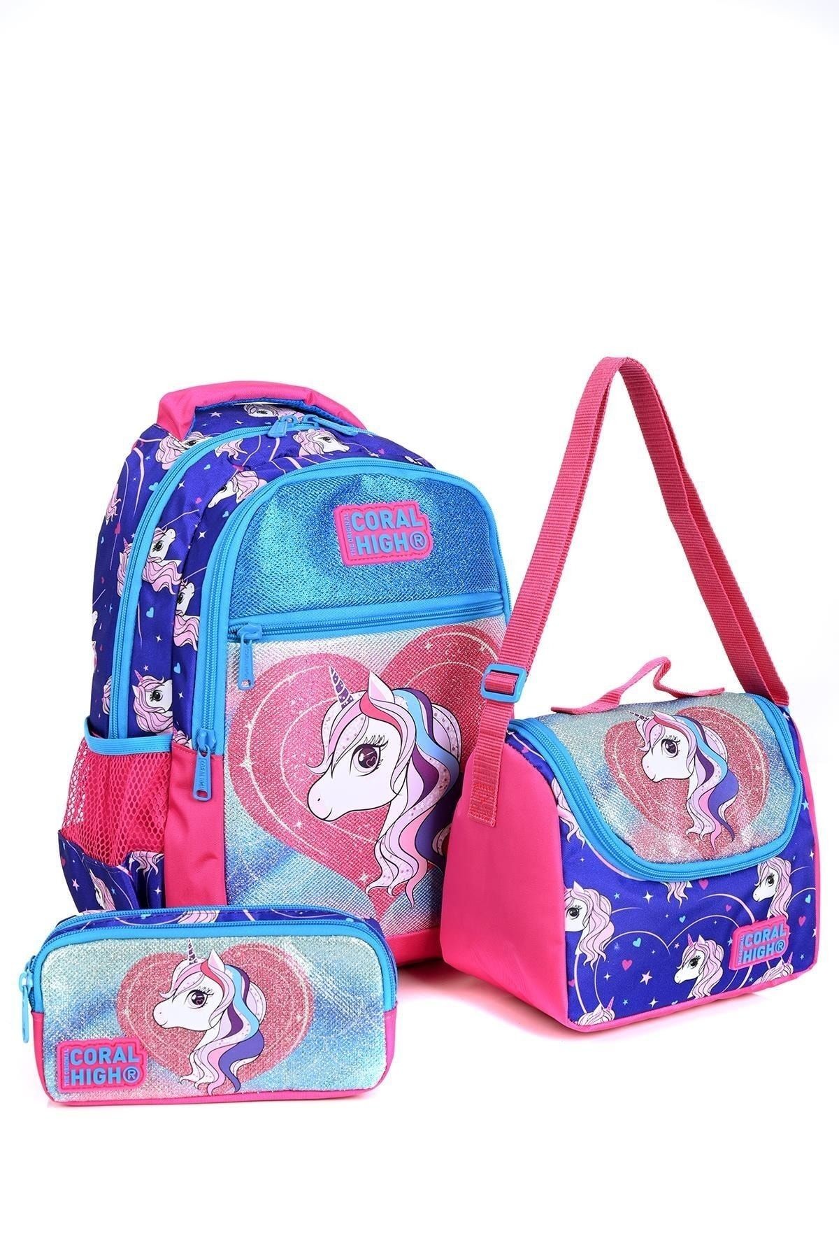 23492 Mor Unicorn Desenli 3' Lü Okul Çantası Seti
