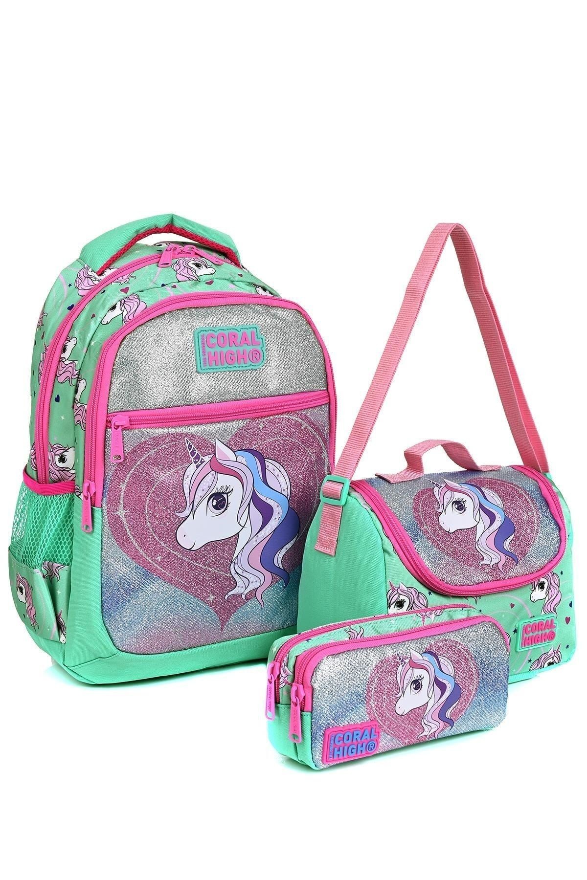 23496 Su Yeşili Unicorn Desenli 3' Lü Okul Çantası Seti
