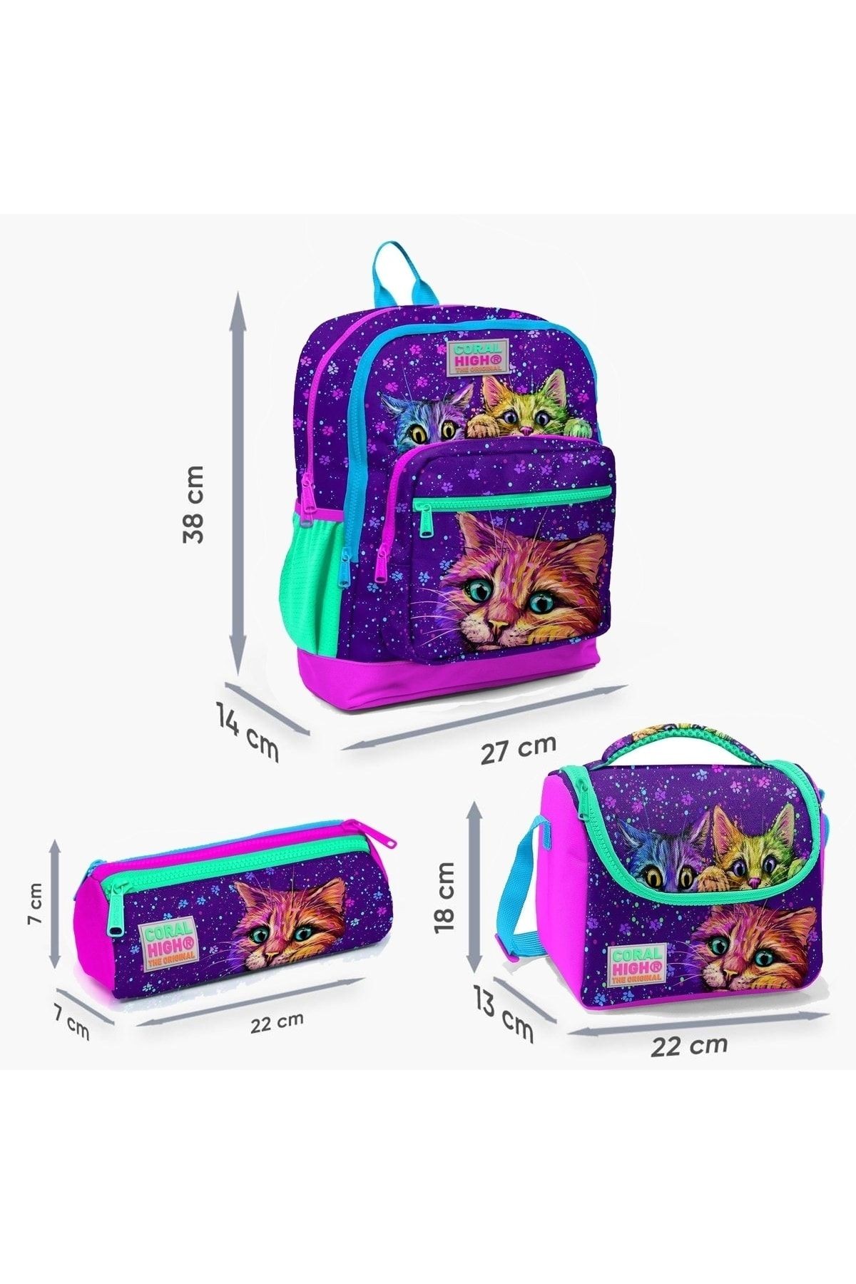 Kedi Desenli Dört Bölmeli Okul Çantası Beslenme Kalemlik 3 lü Set 23732