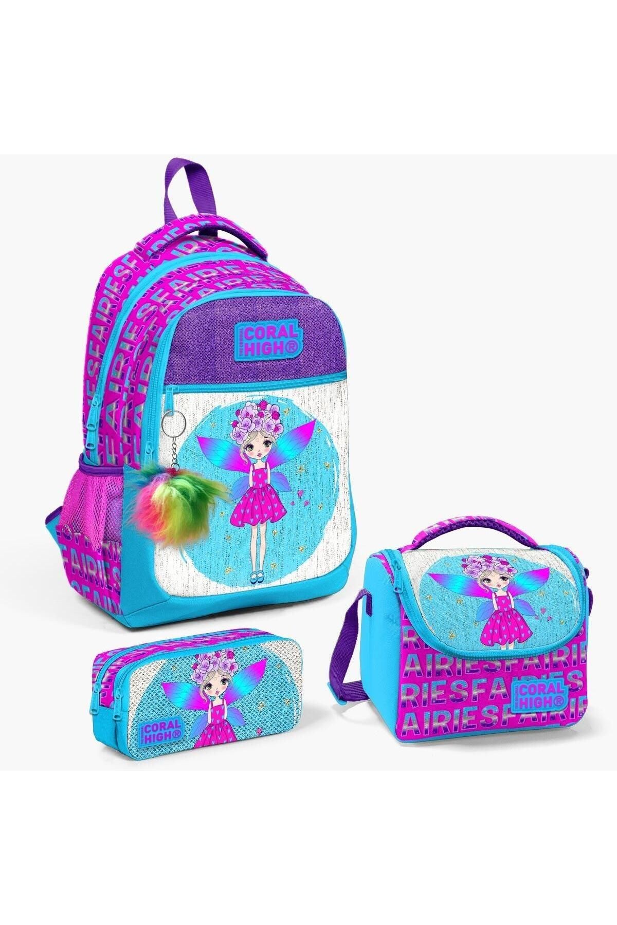 Kids 23484 Pembe Mavi Peri Desenli 3’lü Okul Çanta Seti