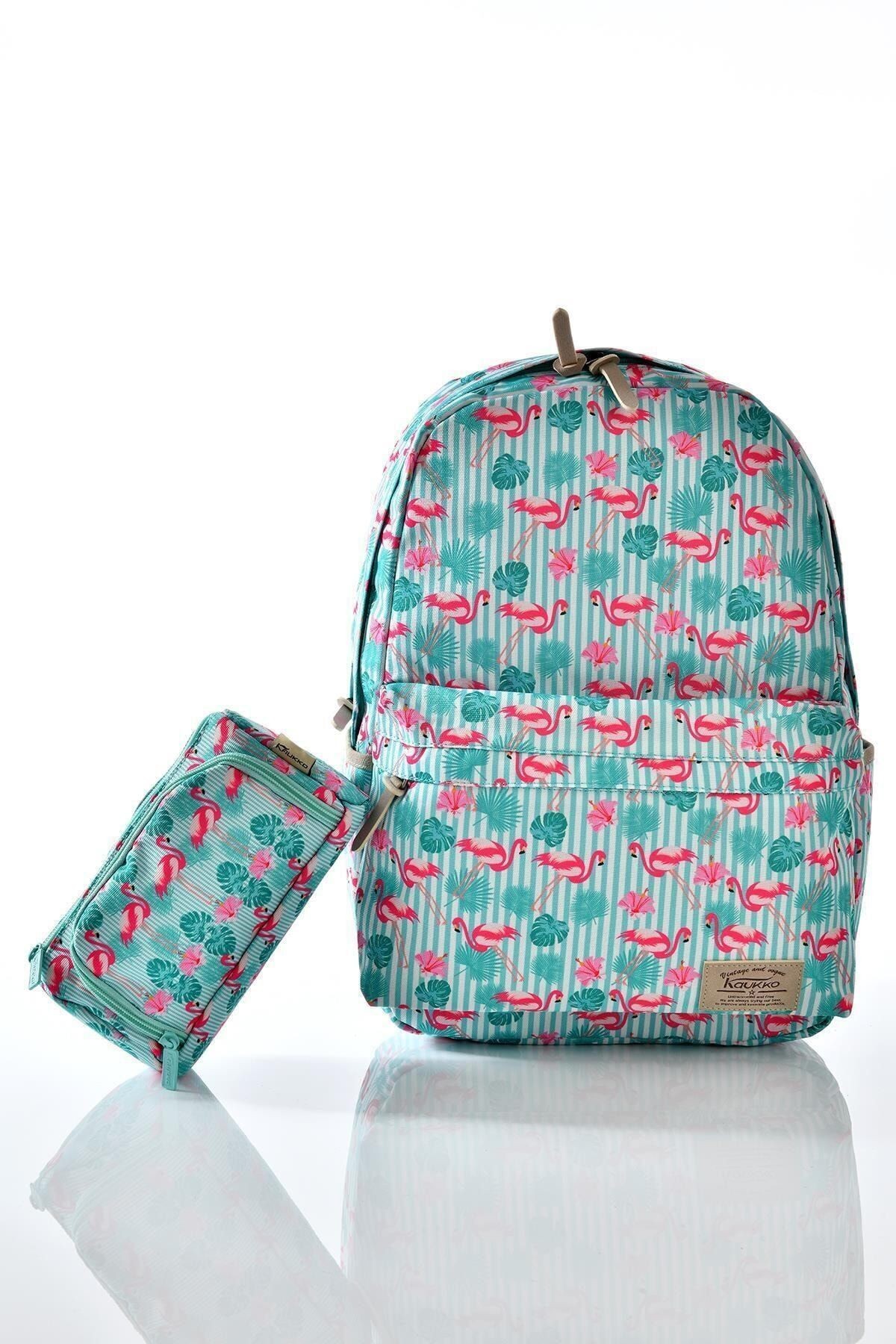 K1128 Flamingo Desenli Kalemlikli Set Okul Sırt Çantası