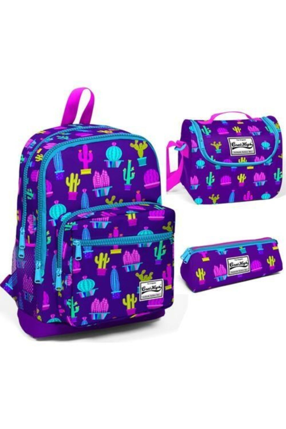 Coral High Dört Bölmeli Kaktüs Desenli Okul Sırt Çantası Beslenme Kalemlik Set 23108
