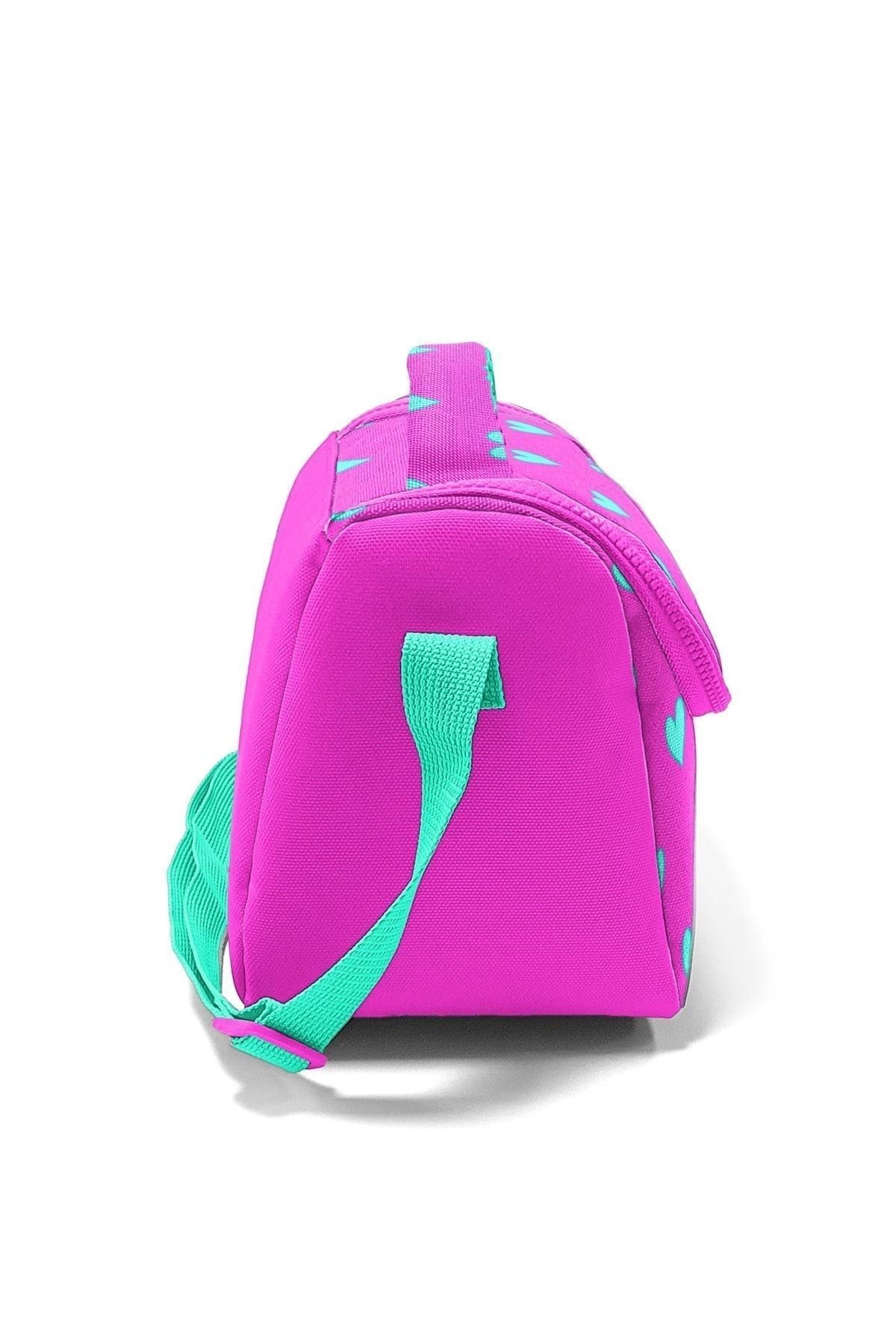 Kids Neon Pembe Su Yeşili Kalp Desenli Thermo Beslenme Çantası 11806