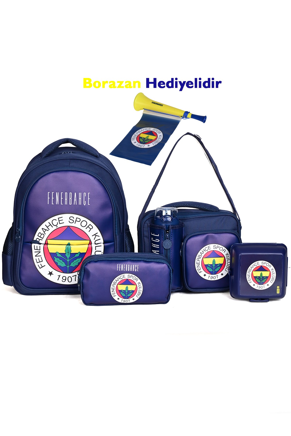 Fenerbahçe Lisanslı 5'li Okul Seti (Sırt Çantası + Beslenme Çantası + Kalemlik + Matara + Yemek Kabı) – Borazan Hediyeli
