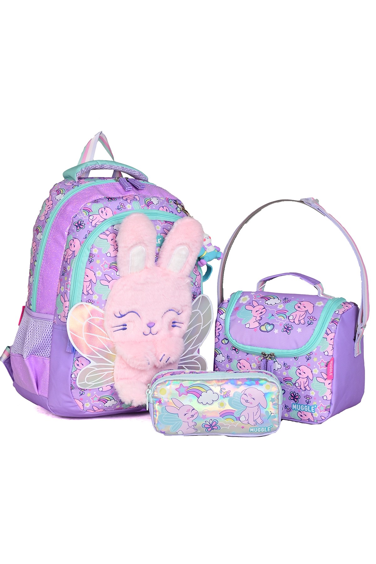 Muggle 5788 Pembe Tavşan Temalı Kız Çocuk 3'lü Okul Seti (Sırt Çantası + Beslenme Çantası + Kalemlik)