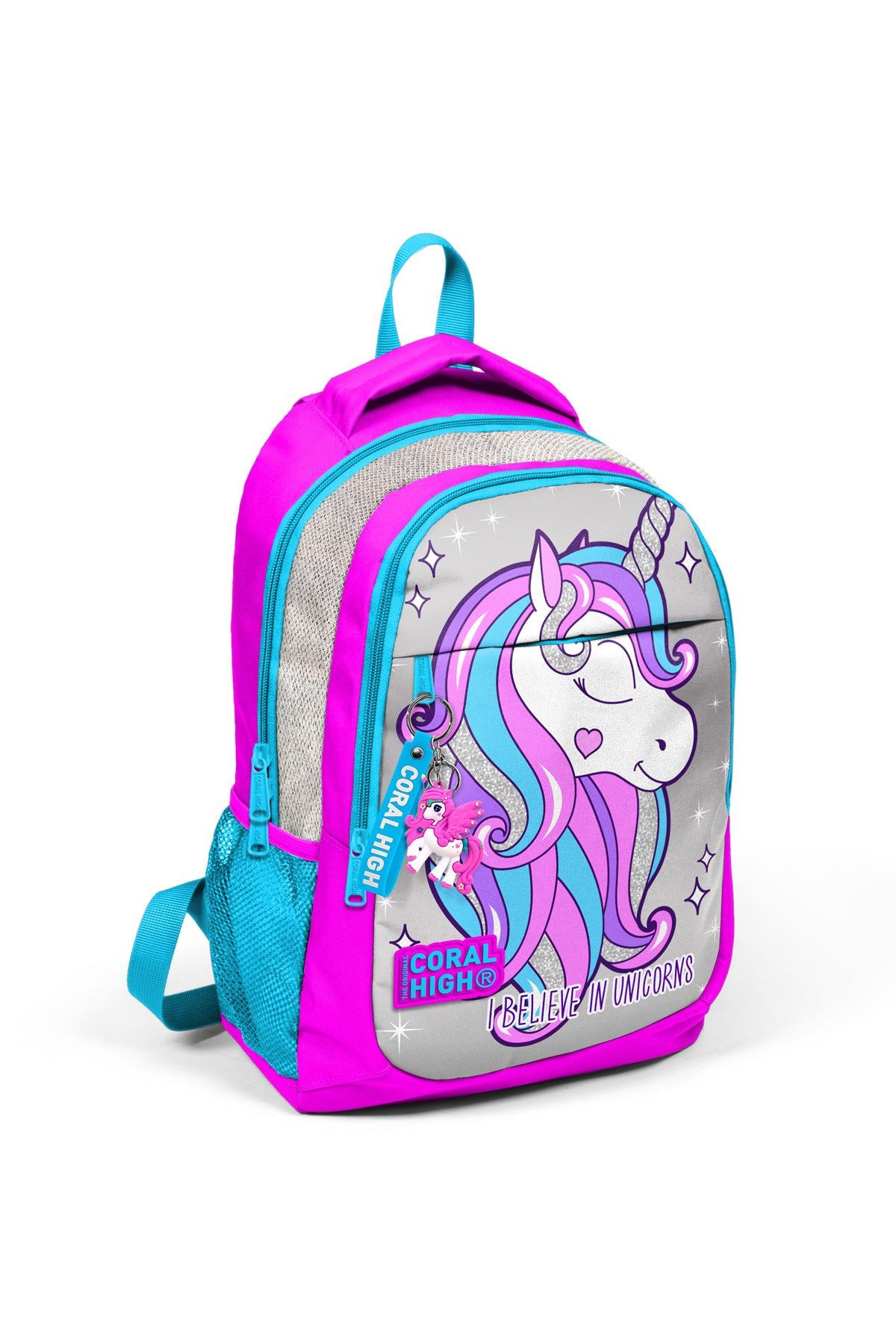Kids Pembe Gümüş Simli Unicornlu Üç Bölmeli Usb'li Çıkışlı Okul Sırt Çantası 23412