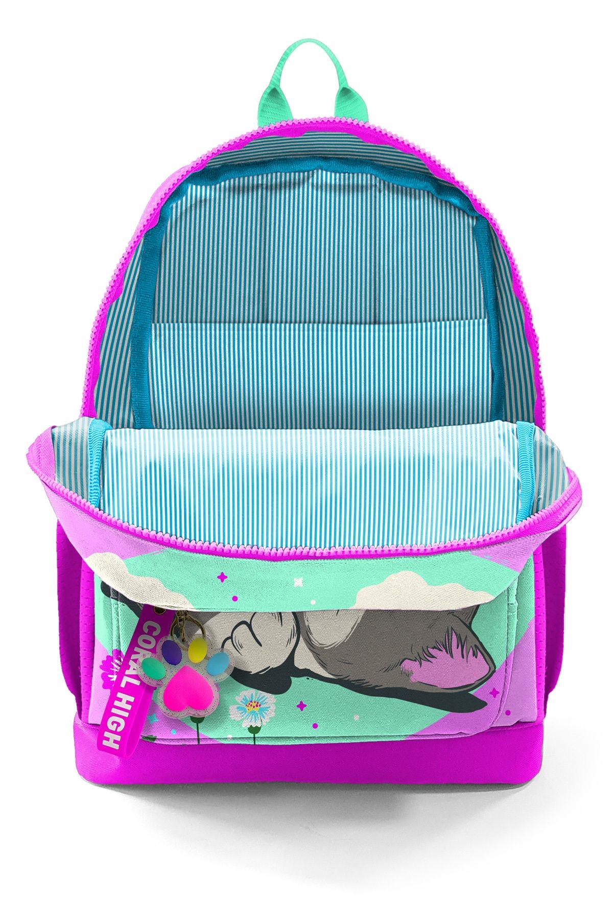 Kids Su Yeşili Pembe Kedi Desenli Dört Bölmeli Okul Sırt Çantası 23707