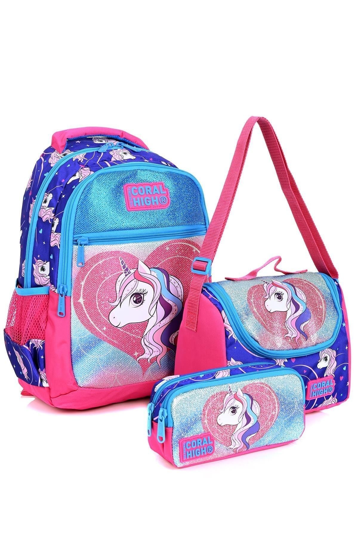 23492 Mor Unicorn Desenli 3' Lü Okul Çantası Seti