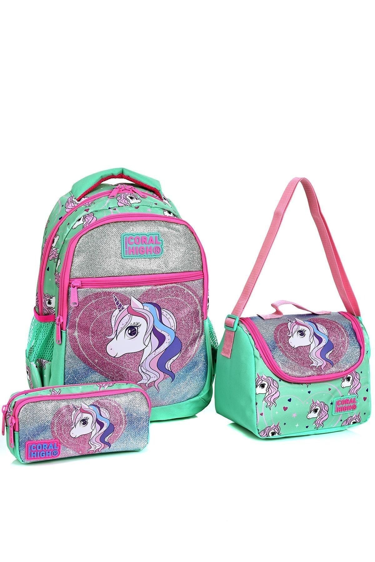 23496 Su Yeşili Unicorn Desenli 3' Lü Okul Çantası Seti