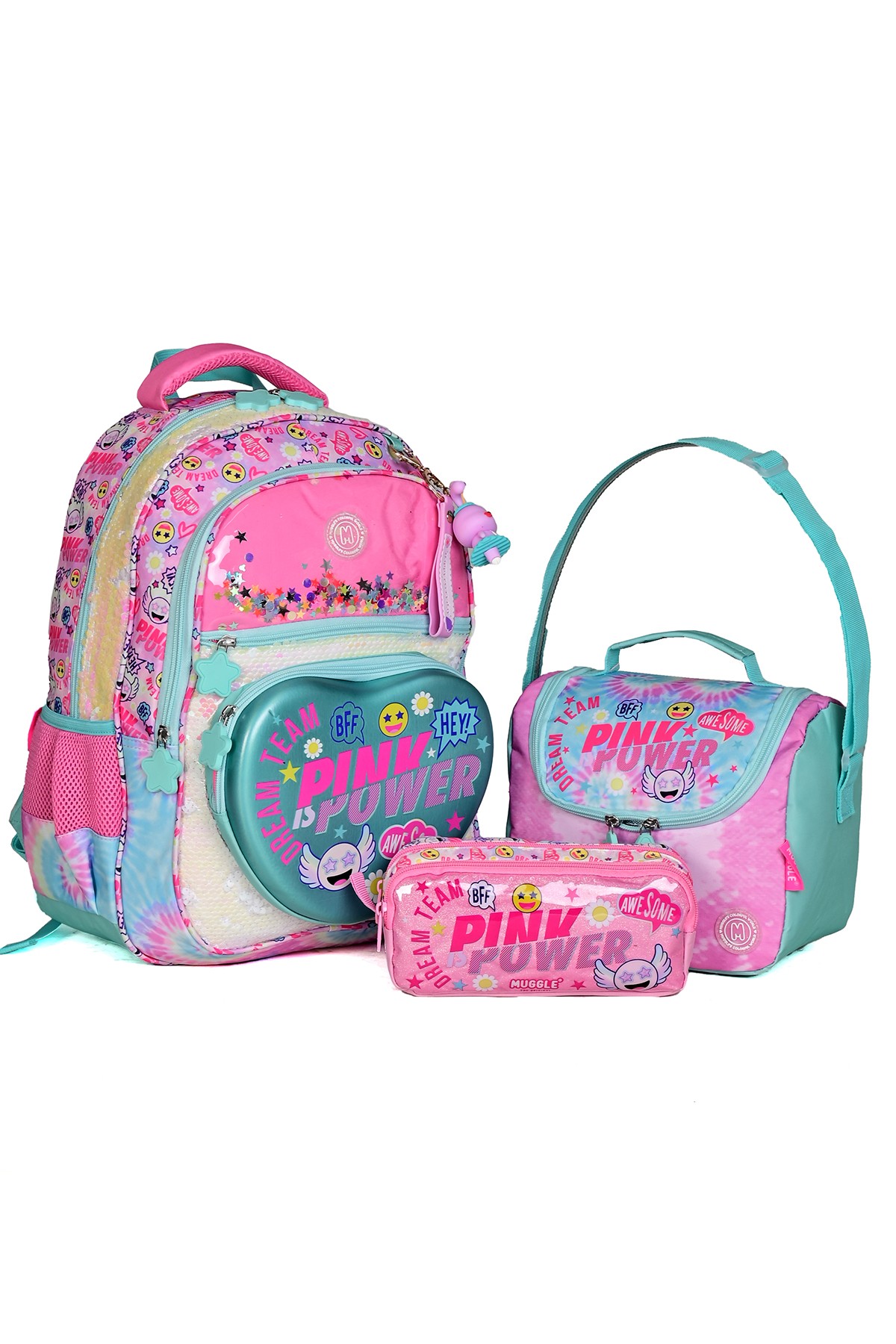 Muggle Pink Power 3’lü Okul Çanta Seti (Sırt Çantası + Beslenme Çantası + Kalemlik) Kız Çocuk