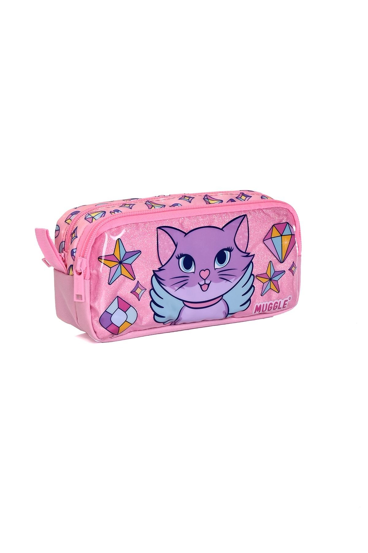 Mu-5796 Pembe Kedi Desenli Okul Çanta Seti 3'lü – Sırt Çantası, Beslenme Çantası ve Kalemlik