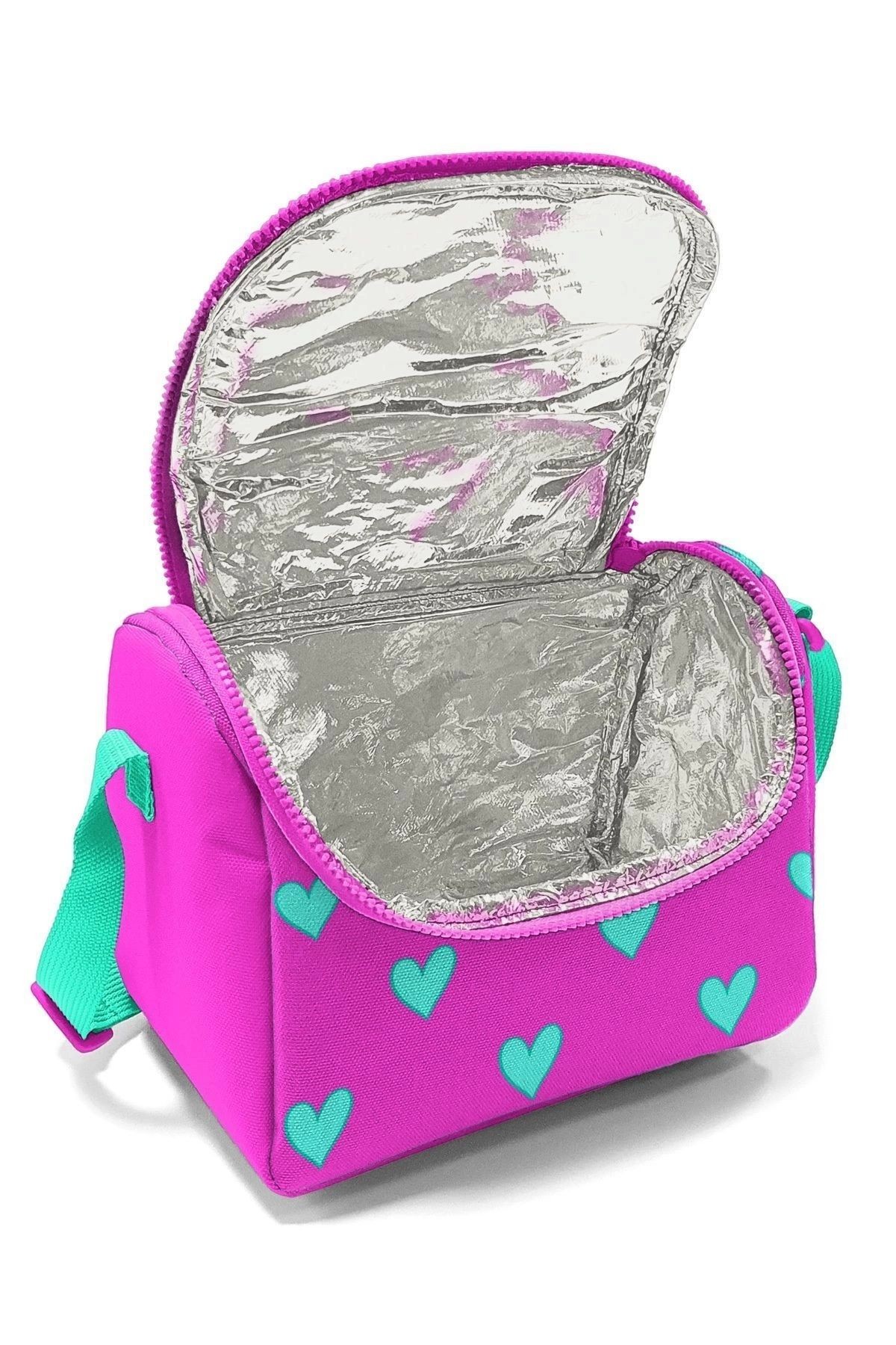 Kids Neon Pembe Su Yeşili Kalp Desenli Thermo Beslenme Çantası 11806
