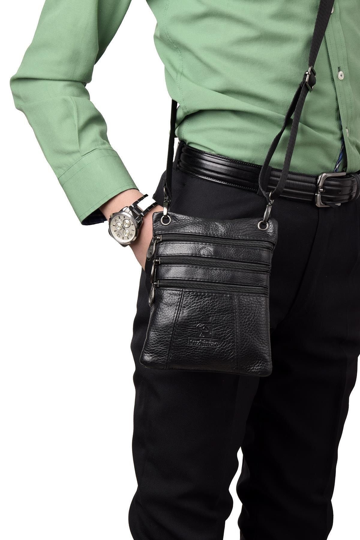 946 Hakiki Deri Uzun Askılı Unisex Pasaport Çantası Siyah